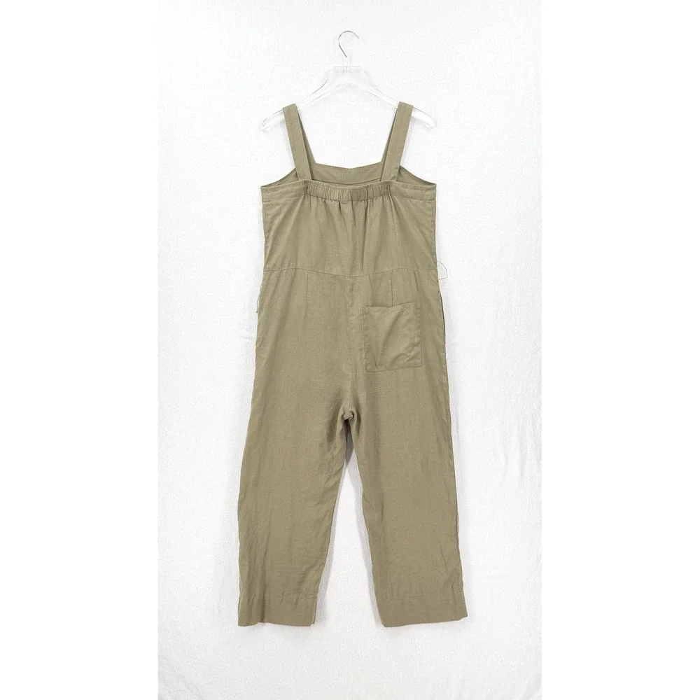 QUINCE Square Neck Linen Jumpsuit Women Medium Olive Green Belted Sleeveless